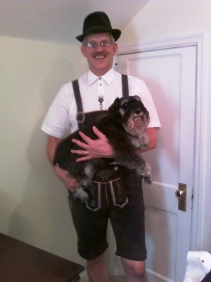 Dad is ready to go teach polka at Rock City. Here I am hoping he hasn't gotten some wild idea about putting a costume on me.