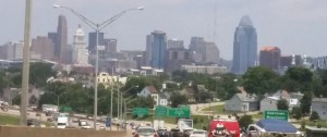 This Cincinnati, Ohio skyline is supposed to be famous. Look at all the traffic.