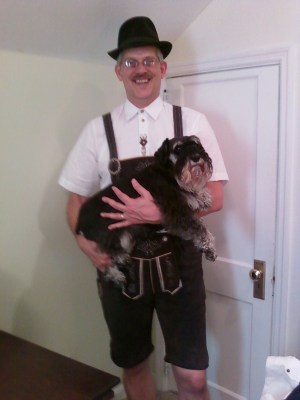 Not to be outdone, Dad donned his authentic lederhosen AND held a schnauzer.